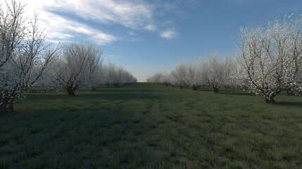 Obraz premium Orchard in bloom under summer sky