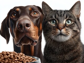 A beautiful brown dog and a tabby cat pose together near a bowl of food on a white background studio shot.