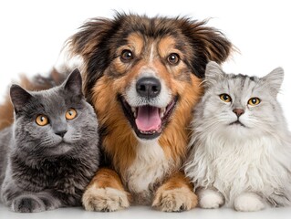 A happy brown and white dog poses between two gray cats on a white background looking at the camera.