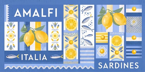 Vibrant Amalfi Coast Inspired Illustration with Lemons Sardines and Traditional Italian Patterns in a Modern Graphic Design Style