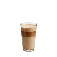 A tall glass filled with layered iced coffee, featuring smooth creamy texture and frothy top, perfect for a relaxed moment, in high definition with a transparent background..