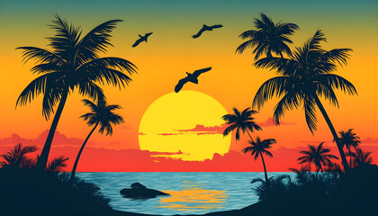 Fototapeta premium Silhouette of palm trees at tropical sunrise or sunset