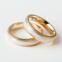 Two wedding rings stacked close up on a white background