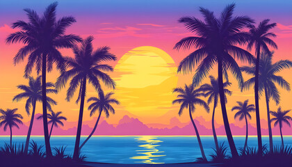 Naklejka premium Silhouette of palm trees at tropical sunrise or sunset