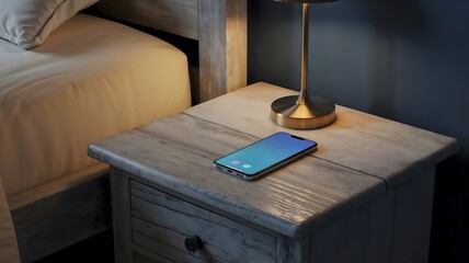 Phone screen with unknown caller on wooden nightstand beside bed  