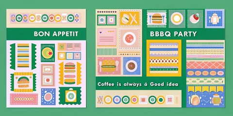 Colorful Food Themed Collage with Bon Appetit BBQ Party and Coffee is Always a Good Idea Text on Green Background