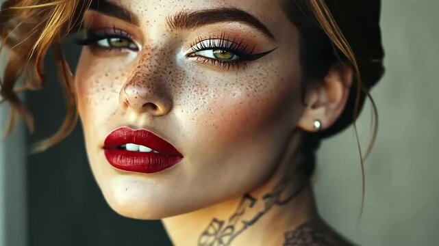 Glamorous brunette model with headphones highlights her beautiful face, captivating eyes, and sensuous red lips with exquisite makeup and stylish hair in a close-up studio shot