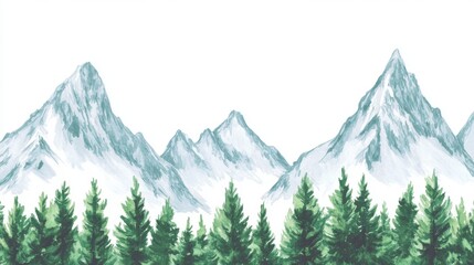 Fototapeta premium Misty mountains loom in the distance, their peaks hidden, with a verdant hillside at their base and towering pine trees standing sentinel