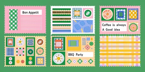 Colorful and Playful Food Themed Postage Stamps on Green Background for Culinary Projects and Creative Designs with Text