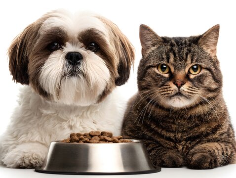 A fluffy shih tzu dog and a tabby cat pose together beside a bowl of kibble on a white background stage.
