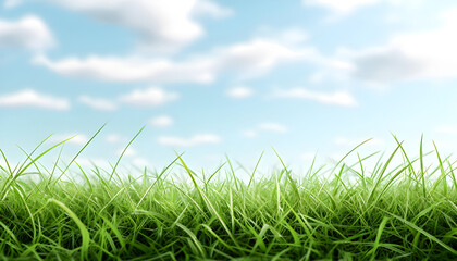 Fototapeta premium Green grass field with beautiful blue sky stretching into empty space