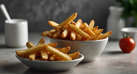 White bowls filled with golden French fries on a clean table, featuring a small bowl of ketchup for added flavor.  