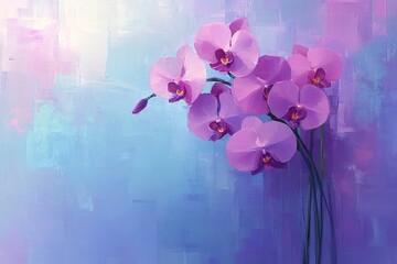 Beautiful blooming orchid flower on a vibrant purple and blue textured background. Artistic floral design concept for greeting card.