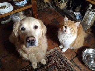 Obraz na płótnie Canvas Golden retriever dog and ginger cat sit patiently together in a cozy, rustic home interior looking up.