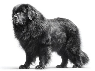 Majestic Newfoundland dog with thick black fur stands proudly against a clean white studio background calmly posing.