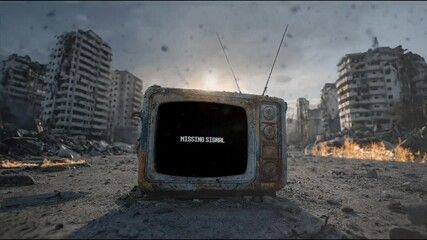 Broken green screen old vintage tv with city ruin background after apocalypse war animation looping video background - Powered by Adobe