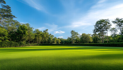 Fototapeta premium Green grass field with beautiful blue sky stretching into empty space