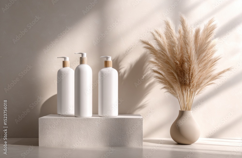 Poster white bottles with pampas grass in beige setting with shadow
