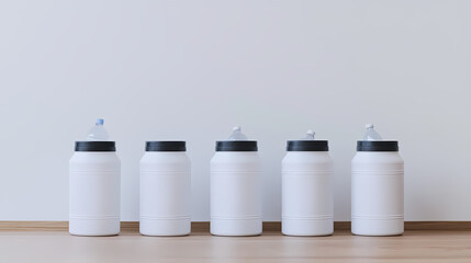 Obraz premium Five large white plastic containers with black lids are lined up on a wooden floor against a plain white wall.