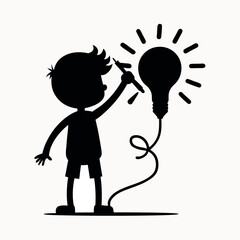 boy drawing light bulb on wall silhouette vector