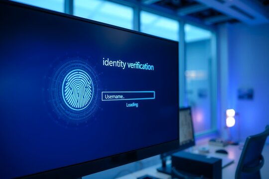 Identity verification request on screen with loading status in modern office  