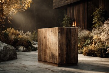 Large Product Ad Podium Colossal wooden podium in a rustic lodge fireplace glow wilderness outside empty space for an outdoor product