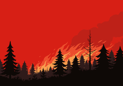 Dramatic red-toned forest fire scene with silhouetted trees and flames. Bold, striking composition ideal for backgrounds and impactful visuals.