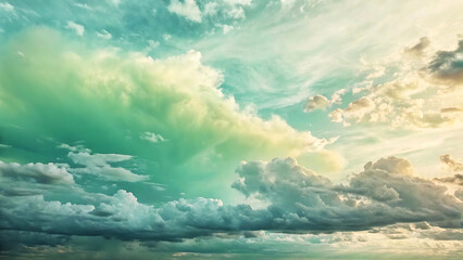 Dramatic sky with green and yellow cloudscape at sunset