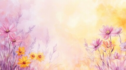 Fototapeta premium Delicate floral displays are showcased in vibrant hues through the explosion of watercolor blooms in an impressionistic style
