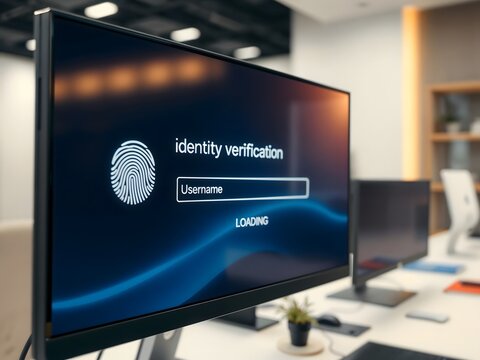 Identity verification request on screen with fingerprint in modern office - Powered by Adobe