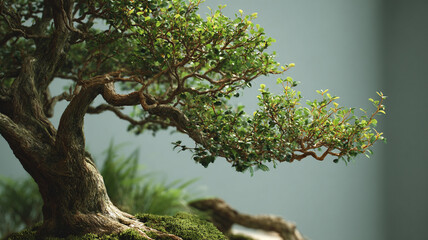 Fototapeta premium Bonsai Tree in the Rain with Lush Garden Background