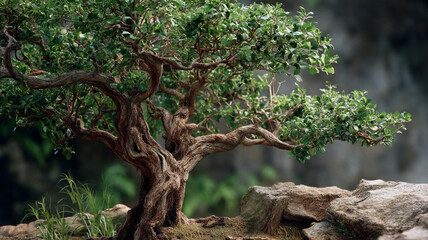 Bonsai Tree in the Rain with Lush Garden Background