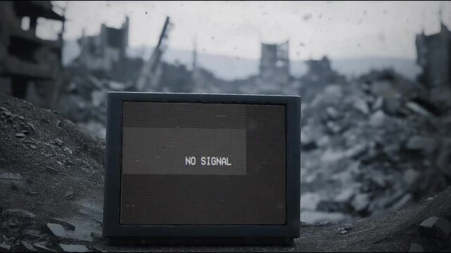 Broken green screen old vintage tv with city ruin background after apocalypse war animation looping video background