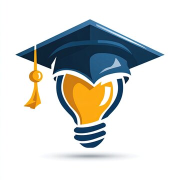 A modern education logo with a graduation cap and lightbulb deep blue and yellow knowledge and innovation isolated on white background
