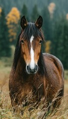 Horse in Autumn Meadow.