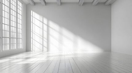 Obraz premium Minimalist interior design empty room photo bright white space wide angle aesthetic serenity