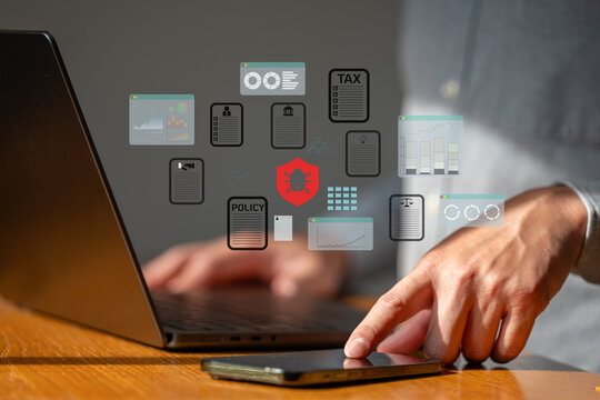 Business man point to smartphone with flaoting data folder are attack from malware virus