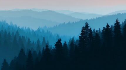 Blue forest and misty mountain layers