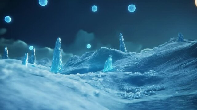 Mystical Ice Landscape with Moonlit Sky and Floating Orbs in a Winter Wonderland