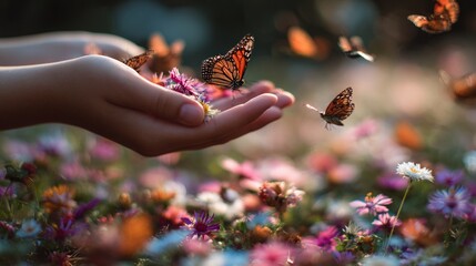 Butterflies landing on the hands of a child in a flower garden, colorful petals all around, warm afternoon light