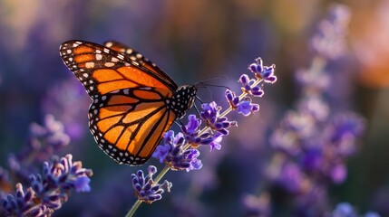 Close-up of a monarch butterfly perched on a blooming lavender flower, soft sunlight illuminating its wings, gentle bokeh forest background