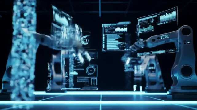 Futuristic animation of robotic arms moving and interacting with floating digital data and holographic interfaces. The arms perform precise, synchronized movements&mdash;grabbing, rotating, and maniple
