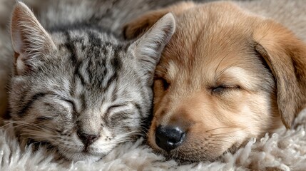 A cute tabby kitten and golden puppy peacefully sleeping together cuddling on a soft white fluffy blanket.