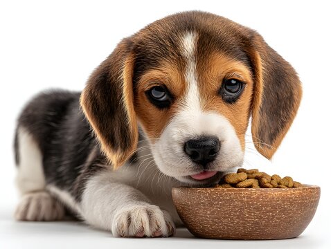 Adorable beagle puppy with its tongue out lays next to a wooden bowl full of crunchy dog food kibble.