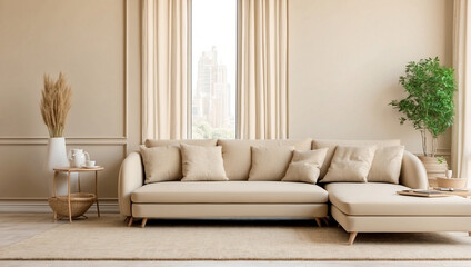Fototapeta premium Beige Home Living Room Interior: A Cozy Environment for Business Creativity