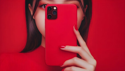 Close-up phone screen record Asia lady vlogger look phone camera apply lipstick on skin live sale online viral video selfie in IG story reel tiktok at home studio. Business online media concept