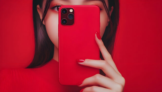 Close-up phone screen record Asia lady vlogger look phone camera apply lipstick on skin live sale online viral video selfie in IG story reel tiktok at home studio. Business online media concept