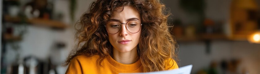 Obraz premium Retirement income planning strategy for secure wealth growth concept. Young woman reading documents with focus in cozy home environment.