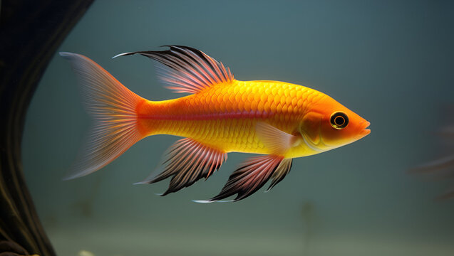 Beautiful Xanthic variety of the Red Line Torpedo Barb (Sahyadria denisonii var.), selectively bred in captivity by humans.