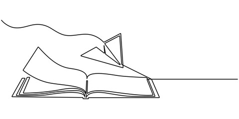 One continuous line drawing of opened book with flying paper plane. Book with flying paper airplane continuous line drawn. Symbol of dream in simple line. Editable stroke. Doodle line illustration
